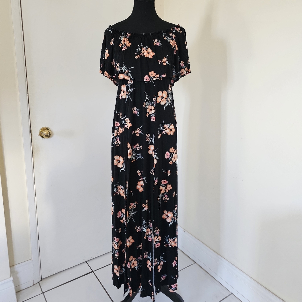 Floral Off the Shoulder Black Maxi Dress